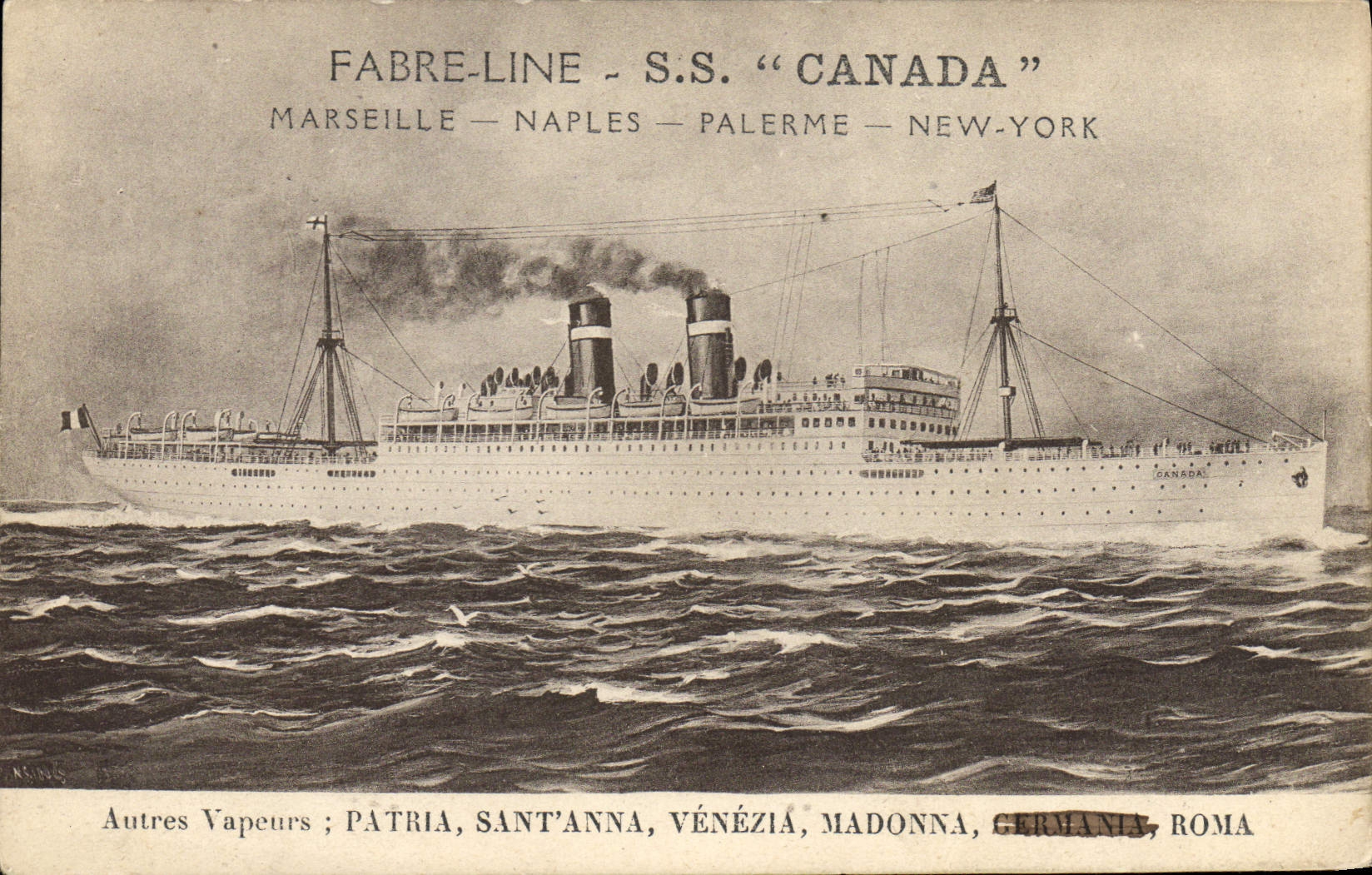 VINTAGE POSTCARD Boat Steamer Fabre Line Canada Marseilles Naples Palermo New York
