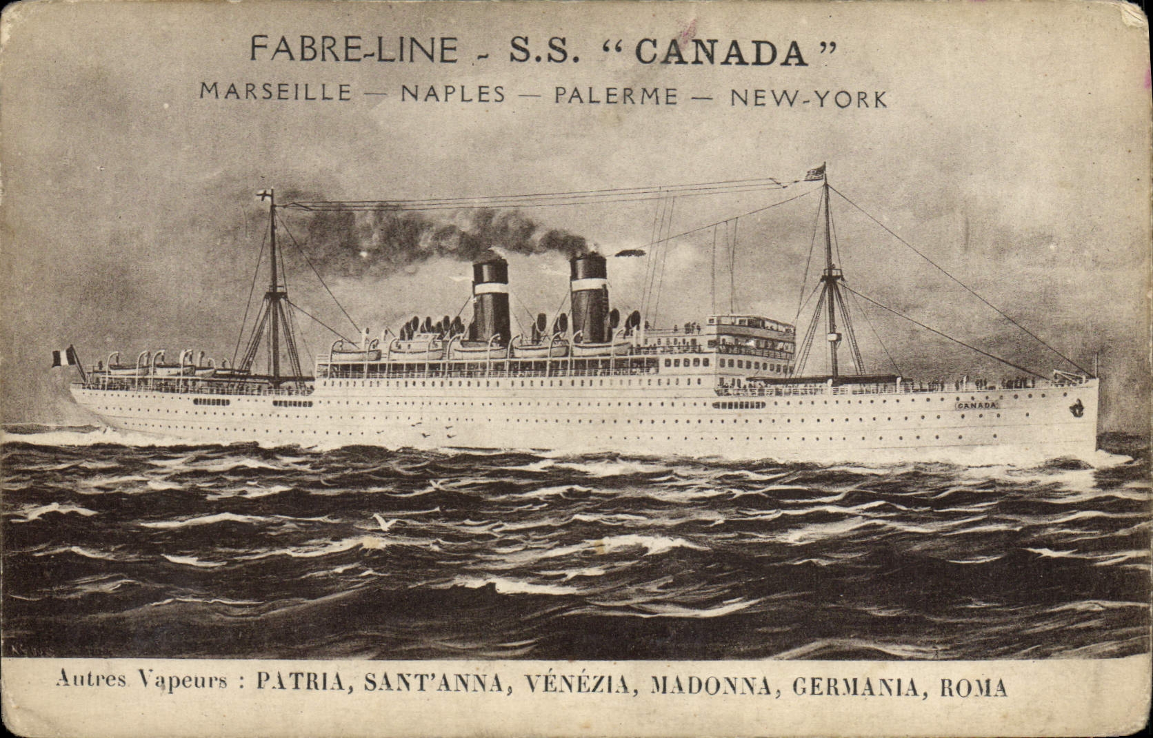 VINTAGE POSTCARD Boat Steamer Fabre line S Canada Marseilles Algiers Palermo New York