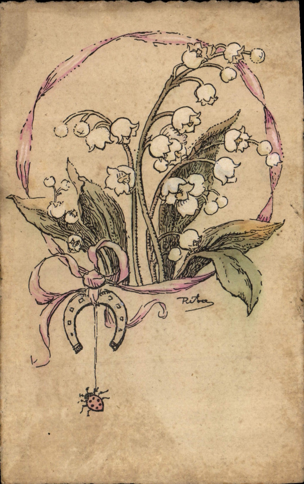 VINTAGE POSTCARD Illustrateur Lily of the valley Horseshoe