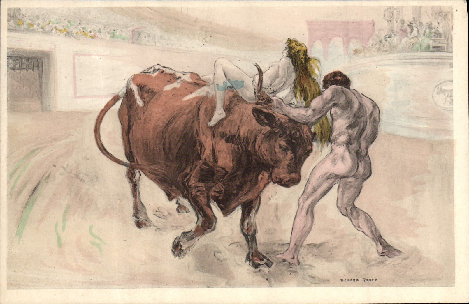 VINTAGE POSTCARD Illustrator Woman Ox