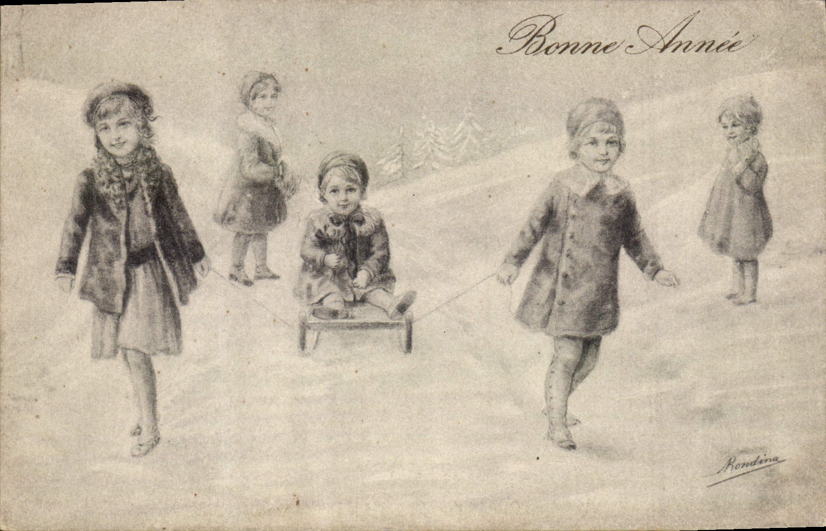 VINTAGE POSTCARD Illustrator Children Toboggan