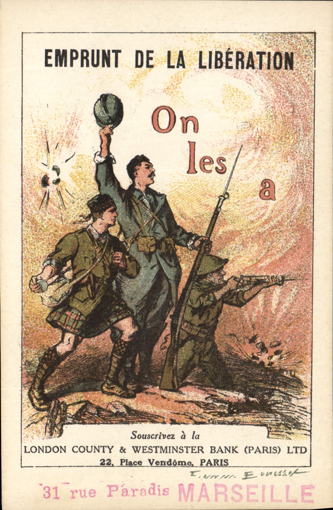 VINTAGE POSTCARD Militaria Loan of the Release London County & Westminster Bank Paris Street Marseilles Paradise