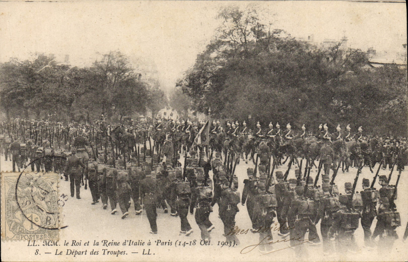 VINTAGE POSTCARD the sovereigns of Italy has Paris the king and the queen of Italy the departure of the troops