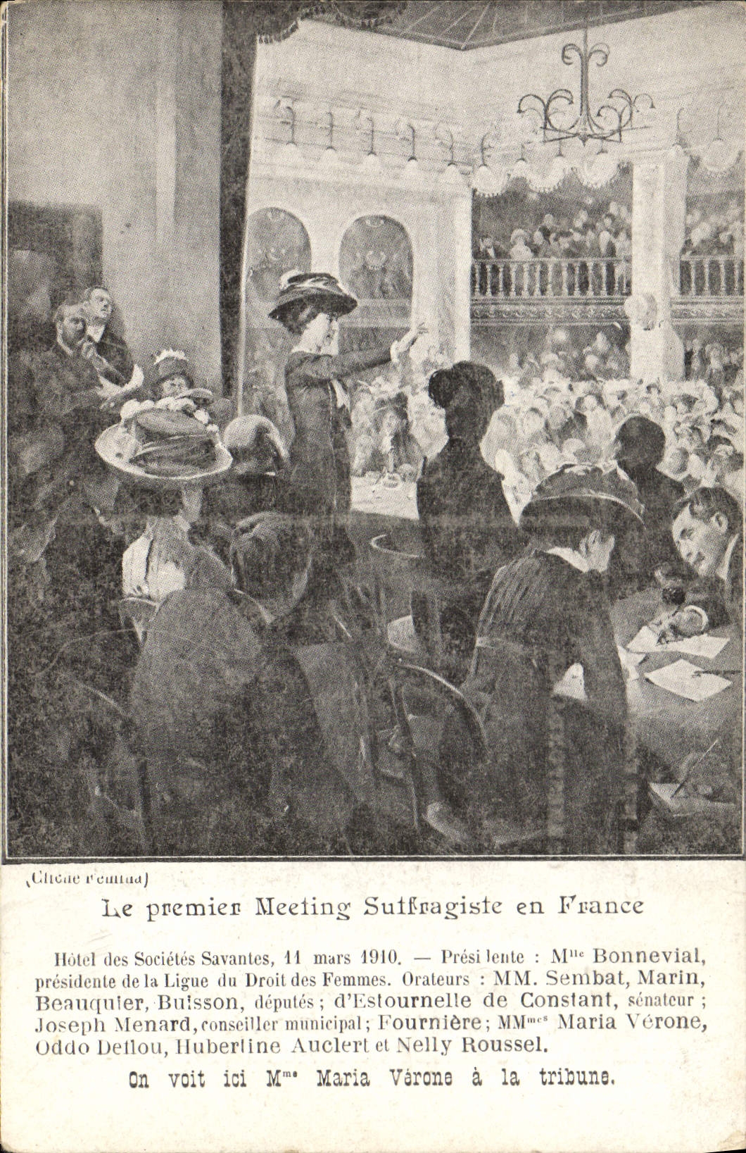 CPA Le premier meeting suffragiste en France Hotel des Societes Savantes Mars 1910