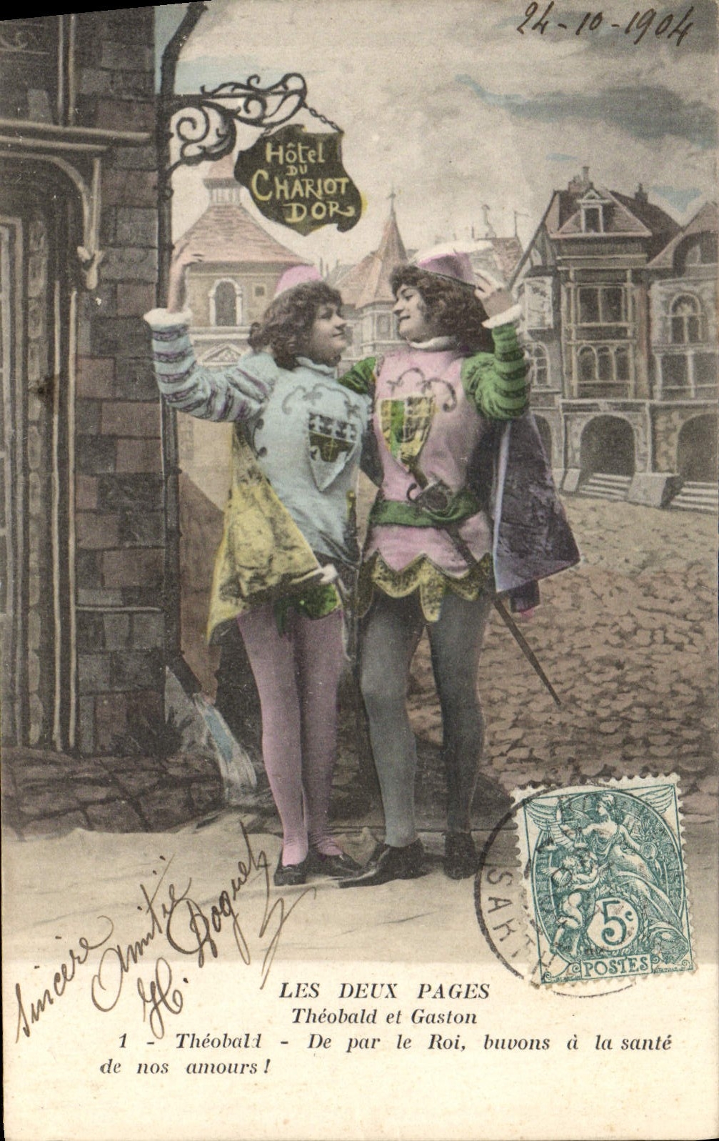 VINTAGE POSTCARD Fantasy the two pages Theobald and Gaston Hotel of the gold Carriage