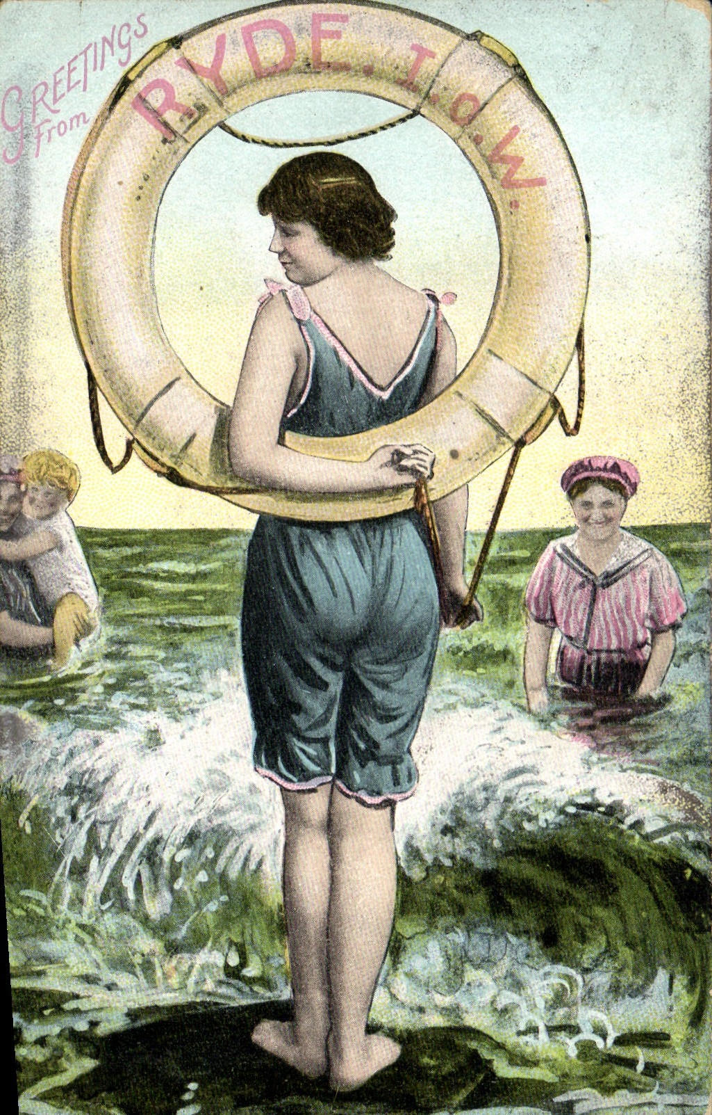VINTAGE POSTCARD Fantasy Woman Bathing suit Ryde Isle Off man