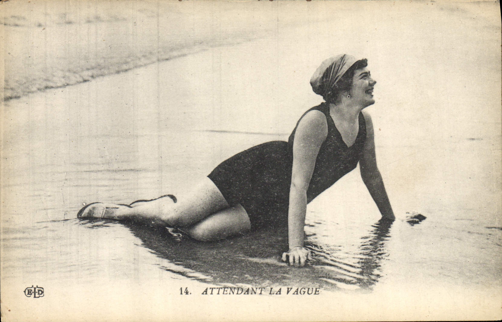VINTAGE POSTCARD Fantasy Woman Bathing suit Awaiting the wave