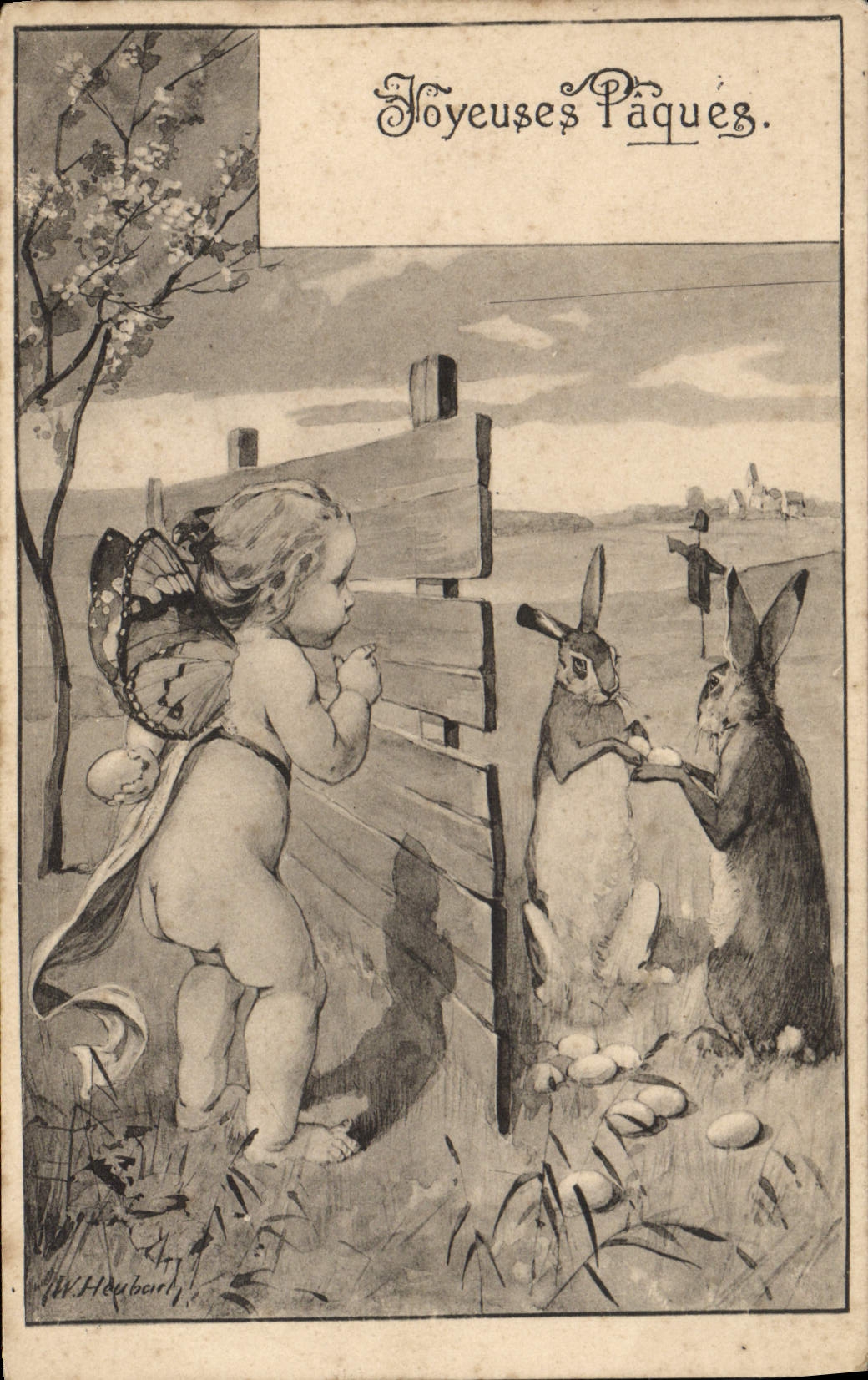 CPA Fantaisie Illustrateur Enfant Ange Lapin Lapins Paques