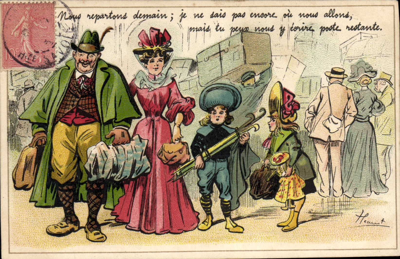 CPA Fantaisie Illustrateur Famille en voyage Enfants