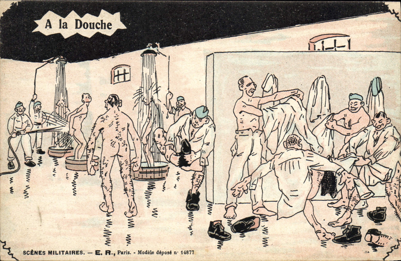 VINTAGE POSTCARD Militaria With the shower