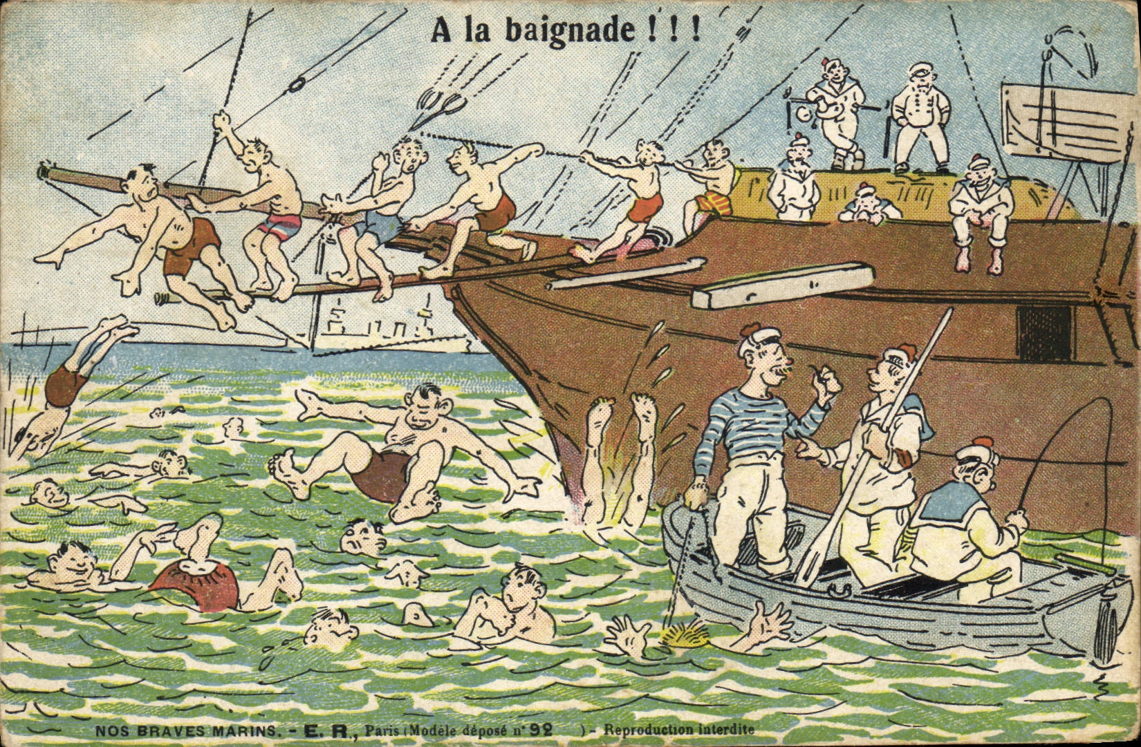 CPA Militaria A la baignade Bateau