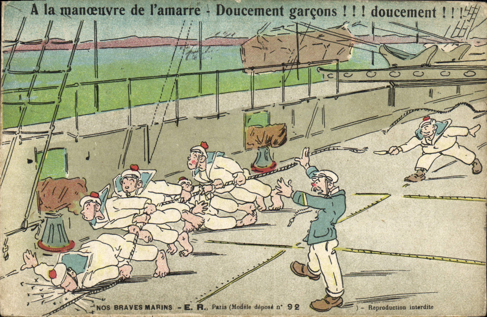 CPA Militaria A la manoeuvre de l'amarre Doucement garcons
