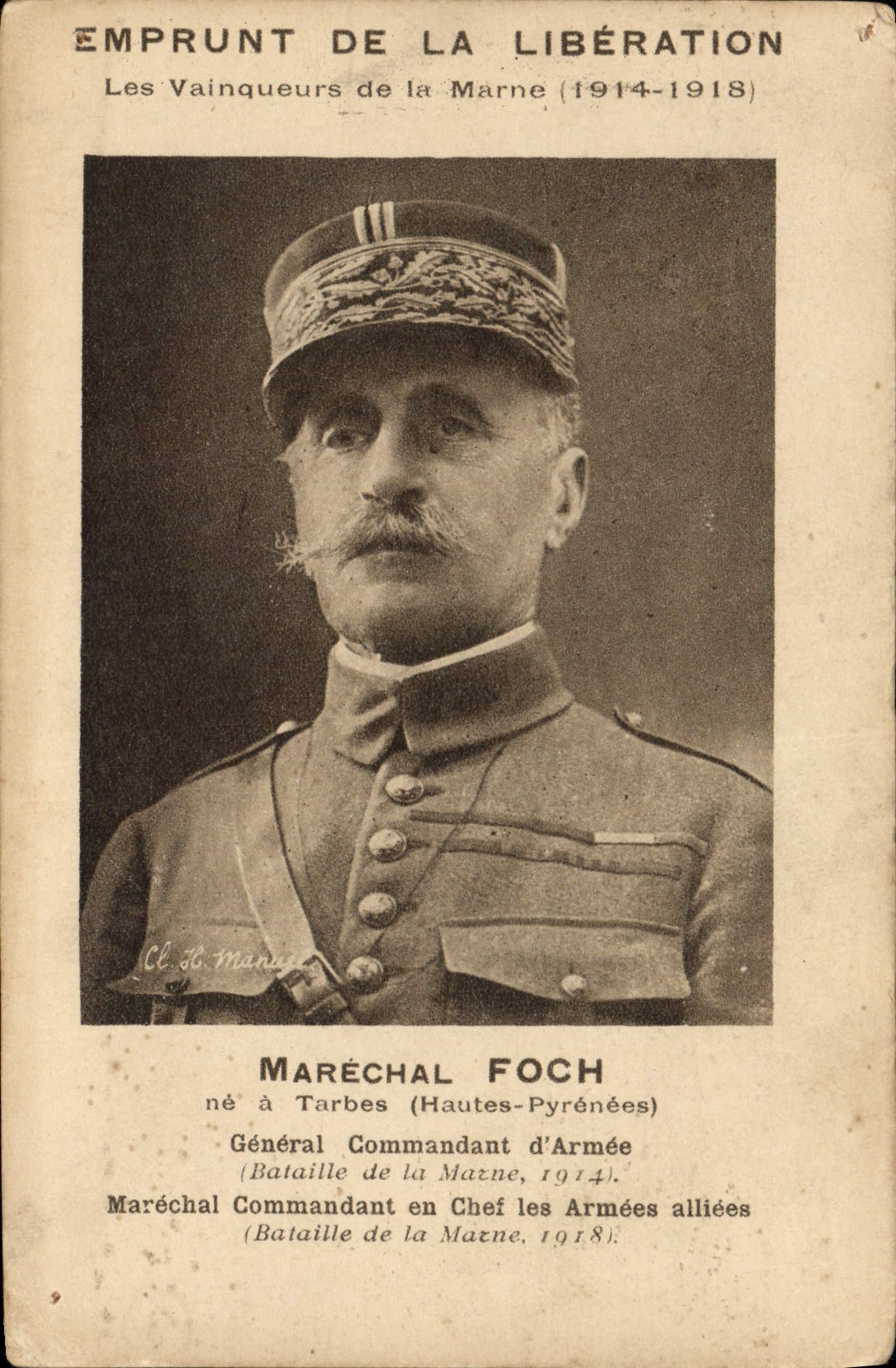 VINTAGE POSTCARD Militaria Loan of the release Winners of the Marne Marshal Foch Tarbes