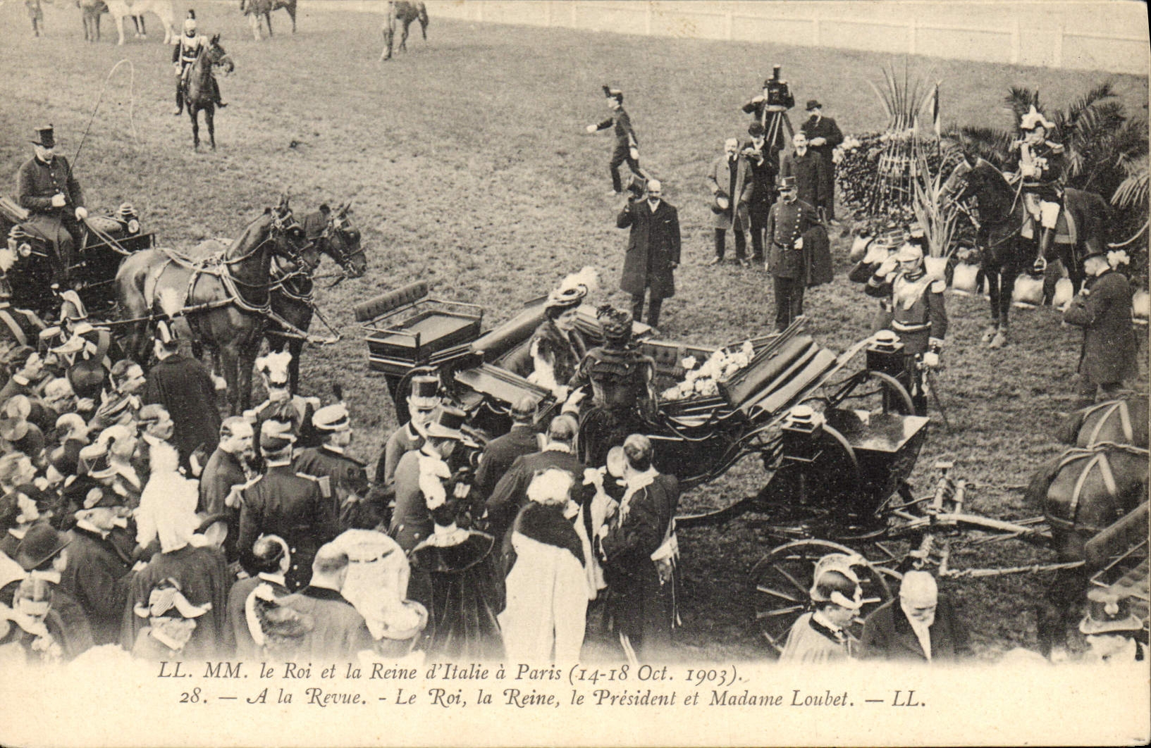 VINTAGE POSTCARD MM the King of Italy and the queen has Paris 1903 With the review the king the queen the president and Mrs Loubet