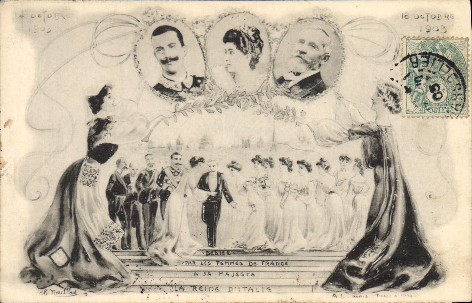 CPA Reine d'Italie Roi Loubet 1903