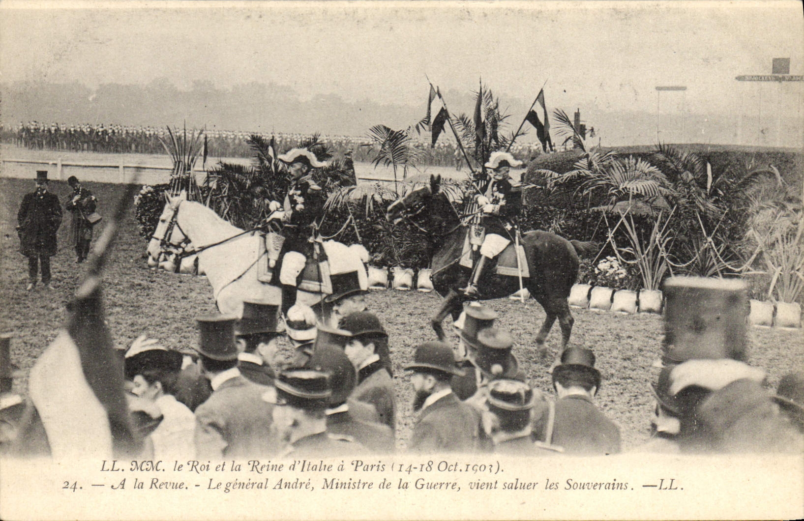 VINTAGE POSTCARD MM the King of Italy and the queen has Paris 1903 with the review general Andre Ministre for the war comes to greet