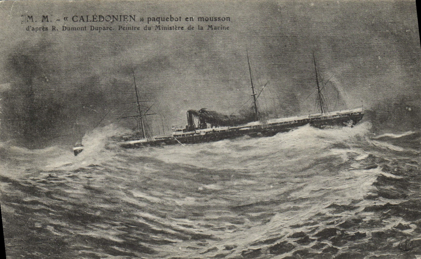 VINTAGE POSTCARD Boat Caledonien Steamer in monsoon