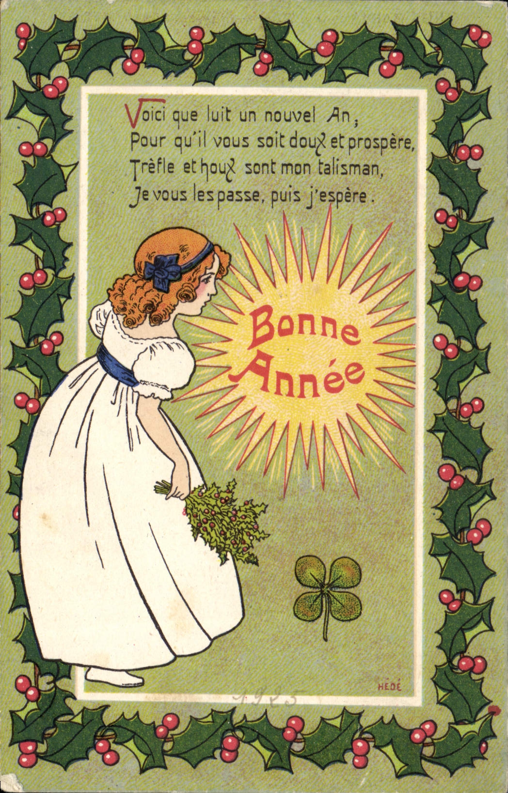 VINTAGE POSTCARD Fantasy Illustrator Child Happy New Year Clover