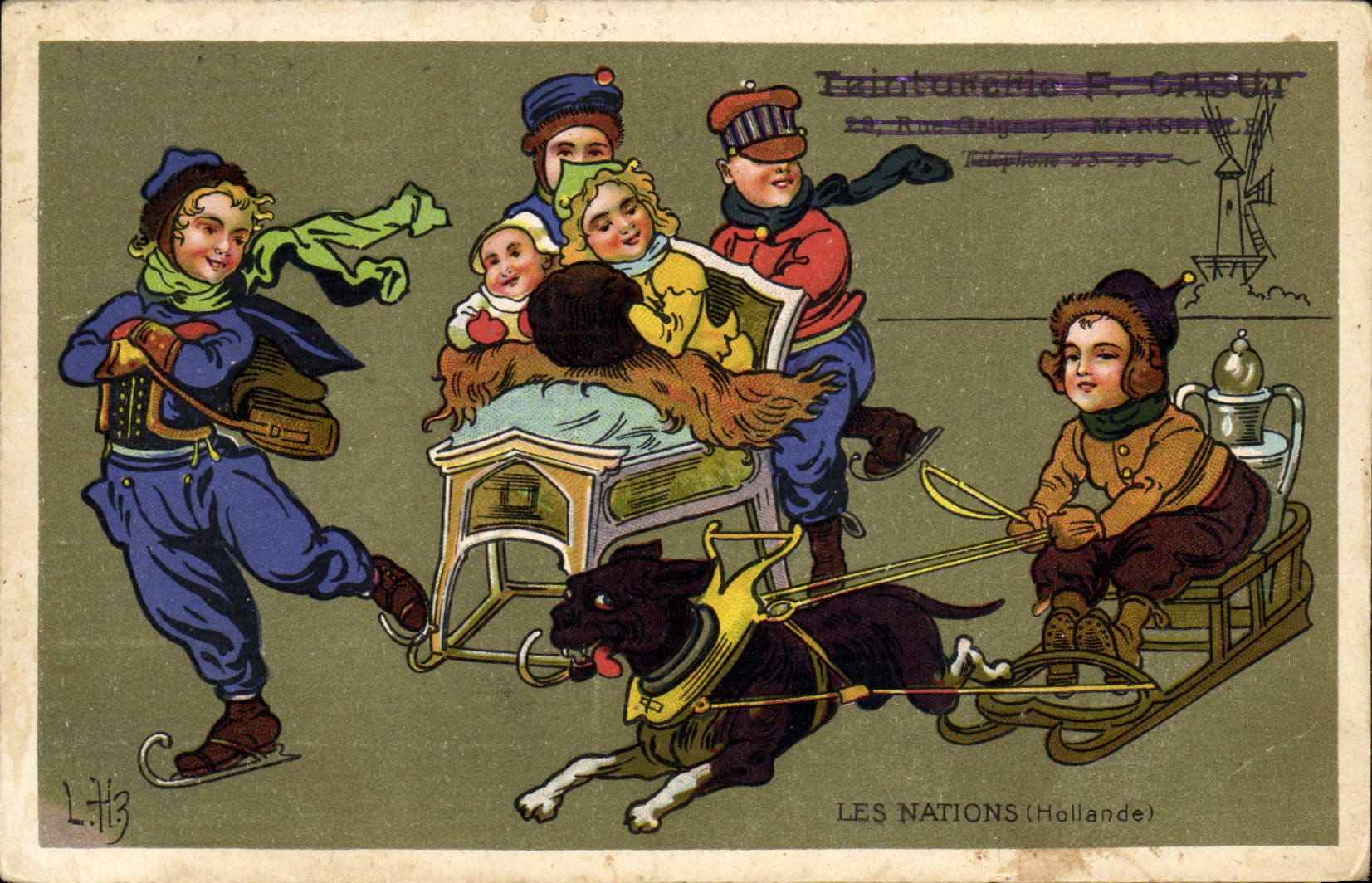 CPA Fantaisie Illustrateur Les Nations Hollande Chien Traineau Patins a glace 