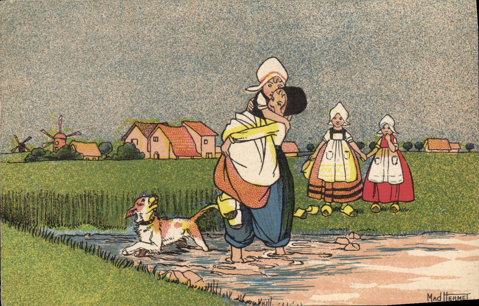 CPA Fantaisie Illustrateur Pays-Bas Folklore Hollande Mad Hermet Moulin a vent Chien