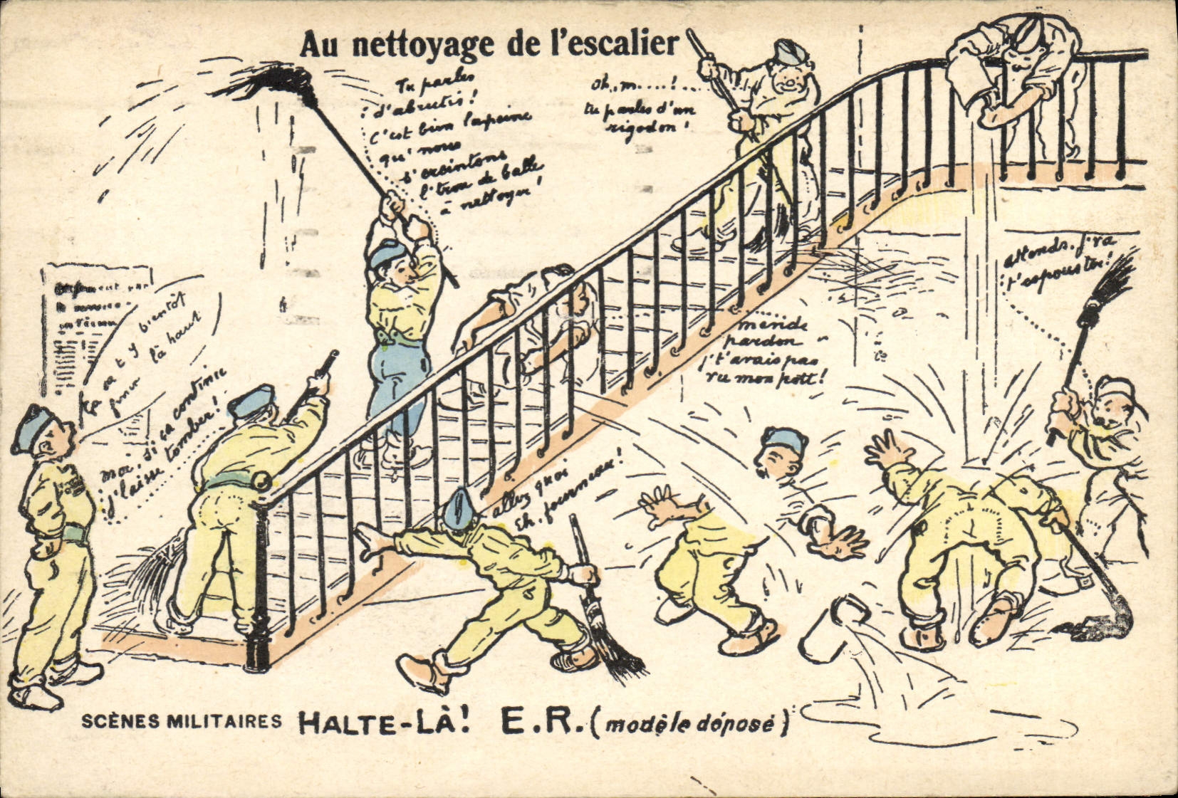 VINTAGE POSTCARD Militaria With the cleaning of the staircase