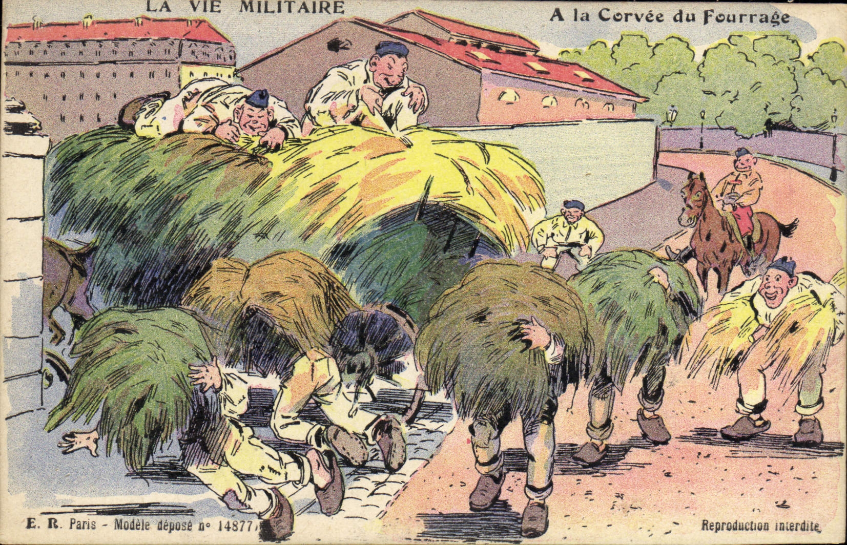 VINTAGE POSTCARD Militaria With the drudgery of fodder Horse