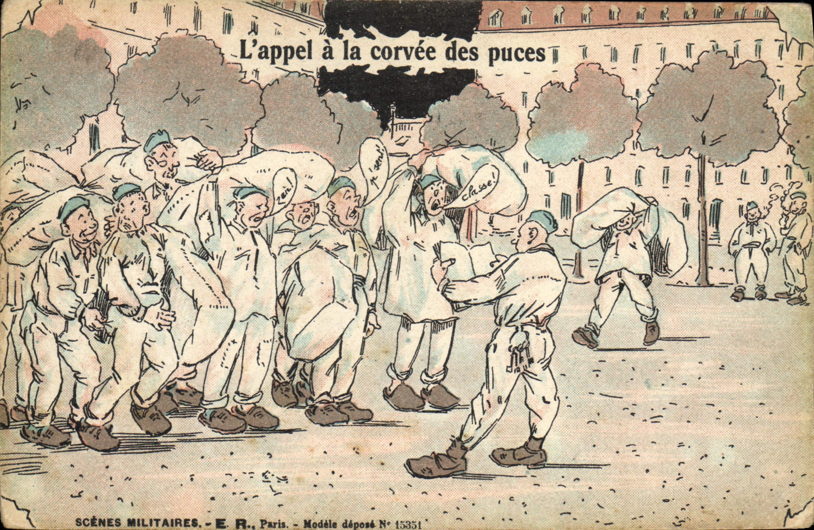 CPA Militaria L'appel a la corvee de puces