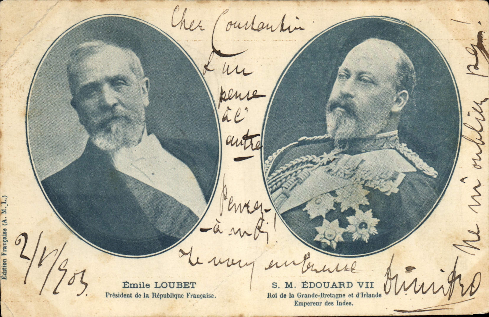 VINTAGE POSTCARD Emile Loubet President of the Republic SM Edouard VII King of the United Kingdom