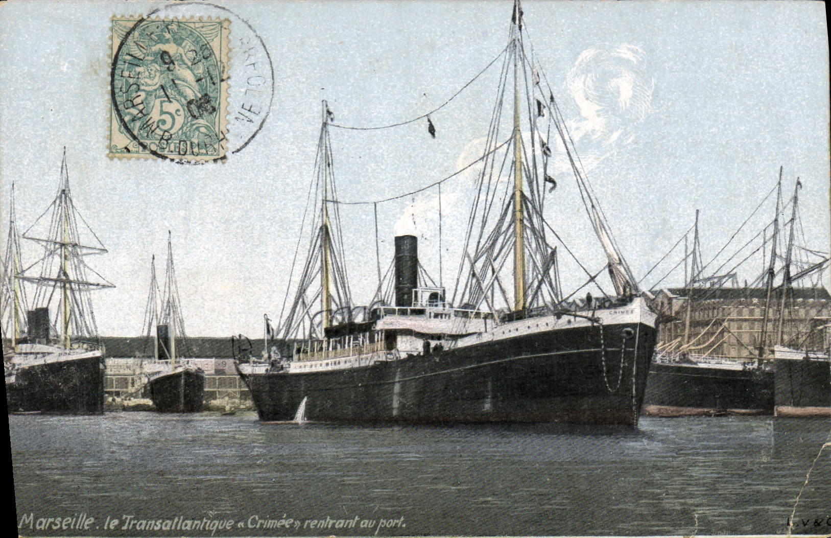 Barco de Marsella de la POSTAL de la VENDIMIA la silla de cubierta de Crimea que vuelve al puerto