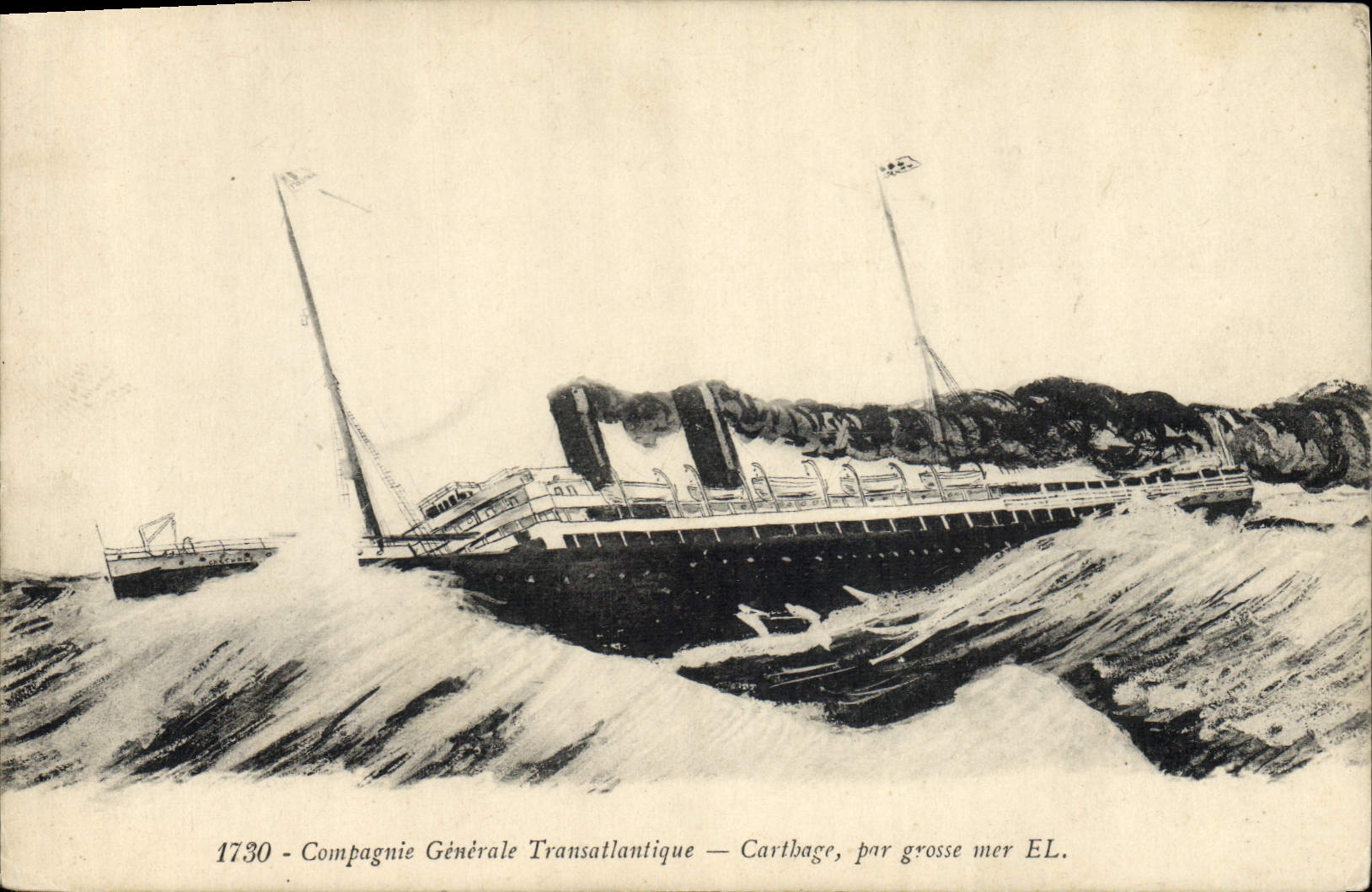 VINTAGE POSTCARD Boat General Company Transatlantic Carthage by heavy sea
