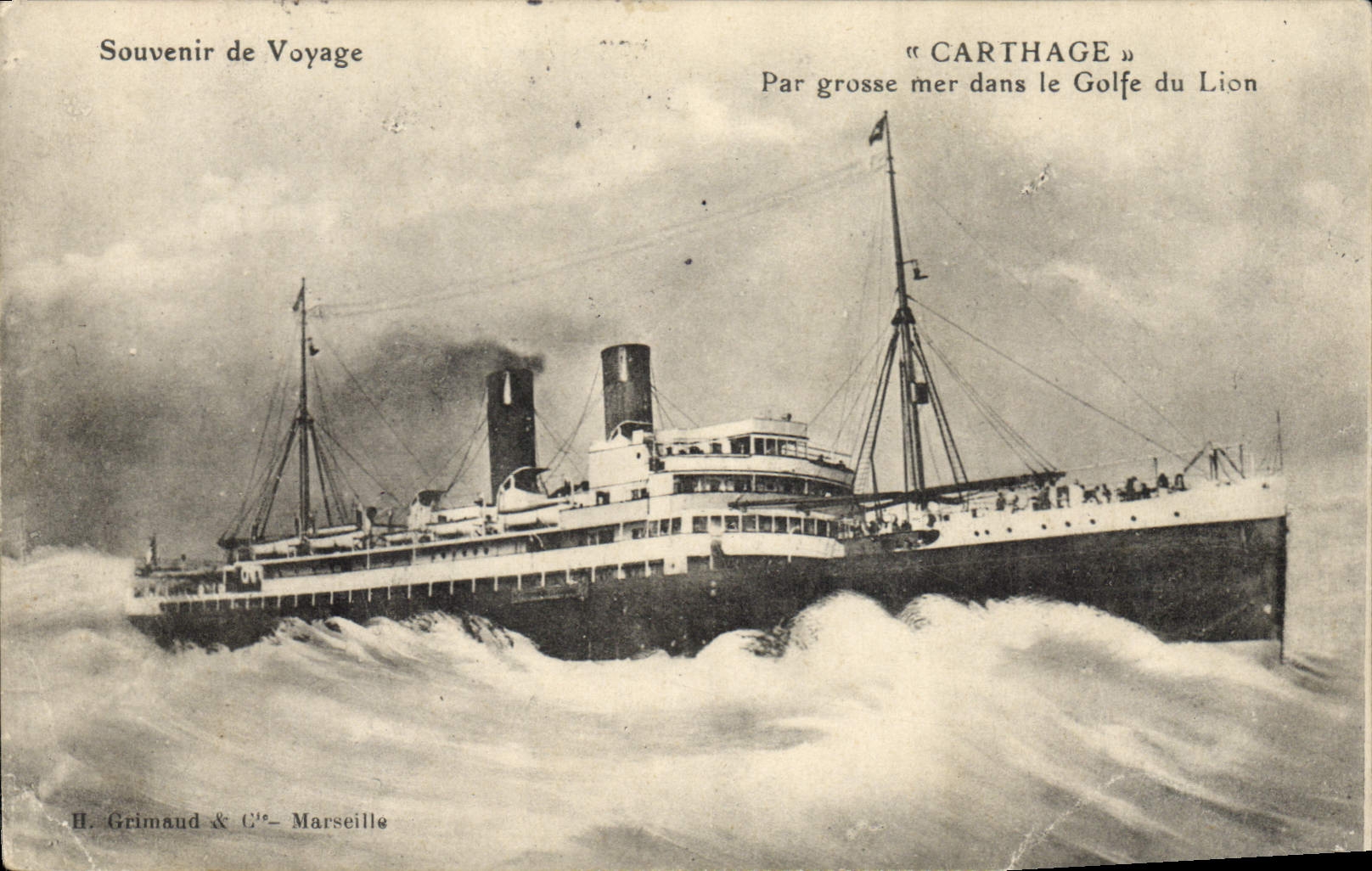 VINTAGE POSTCARD Carthage Boat by heavy sea in the Gulf of lion