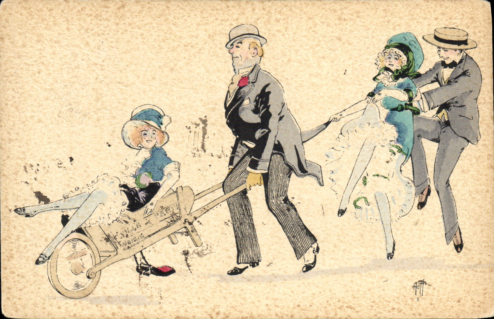 VINTAGE POSTCARD Fantasy Illustrator Woman in wheelbarrow