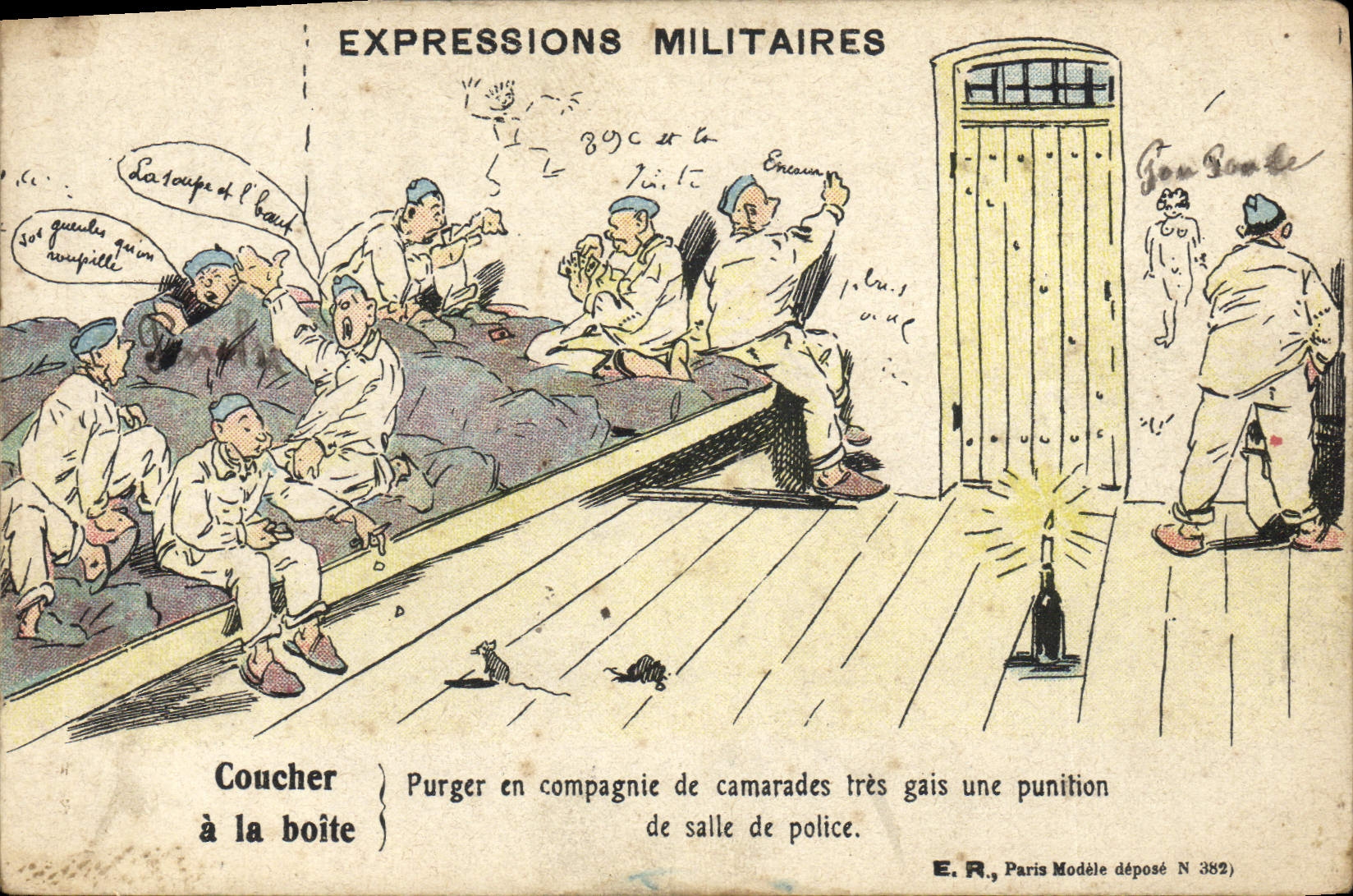 VINTAGE POSTCARD Fantaisie Militaria Coucher with limps