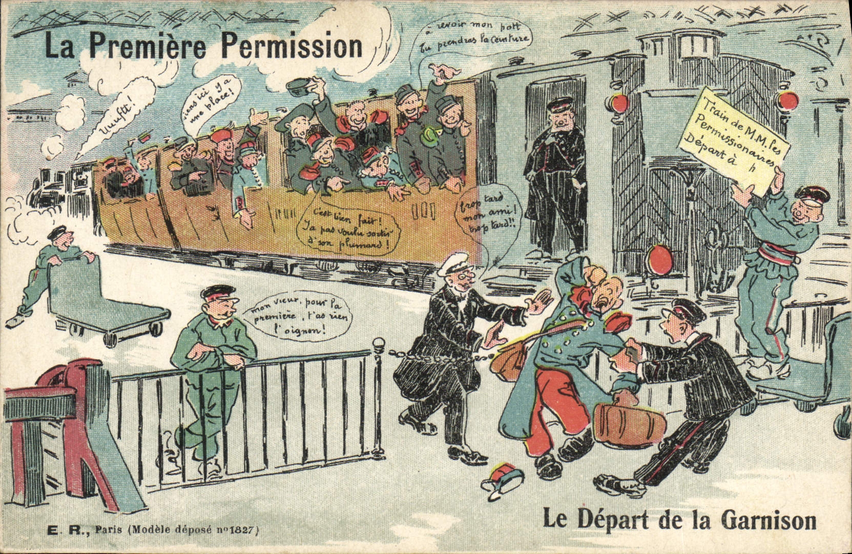 CPA Fantaisie Militaria La premiere permission Train Le depart de la garnison