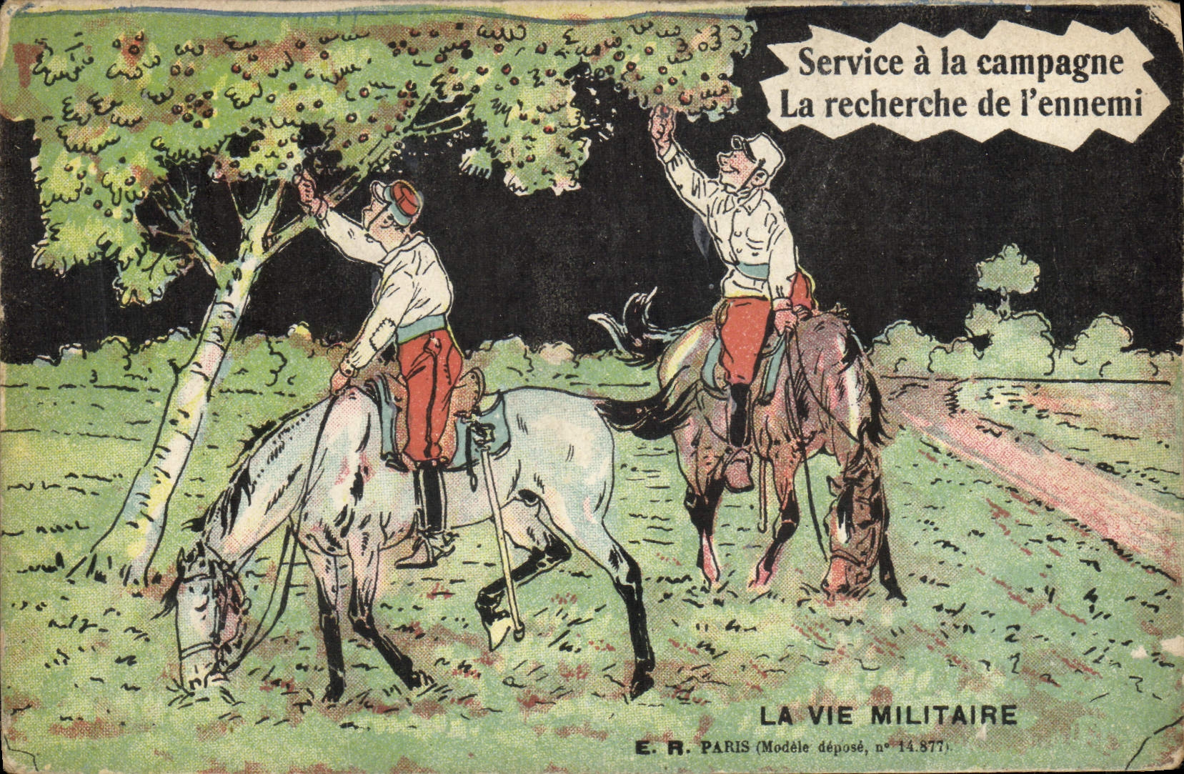 VINTAGE POSTCARD Fantasy Militaria Service in the countryside the research of the enemy Apples