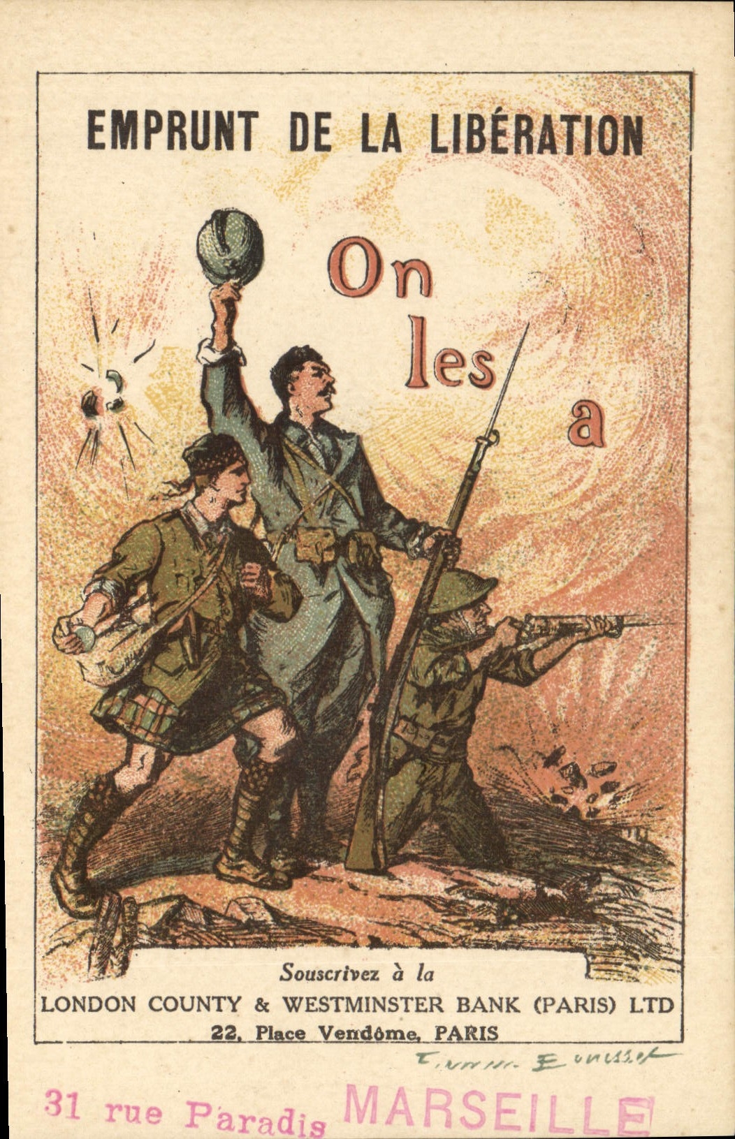 VINTAGE POSTCARD Fantasy Militaria Loan of the release London County & Westminster Bank Places Vendome Paris