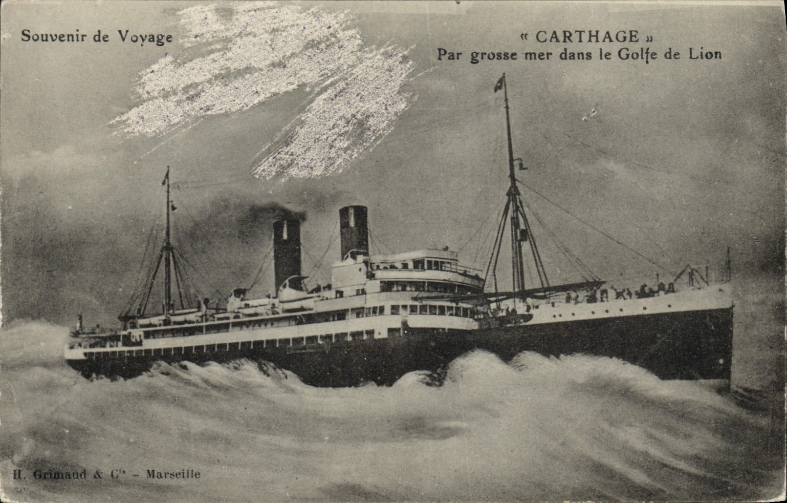 VINTAGE POSTCARD Boat Carthage Steamer by heavy sea in the gulf of lion