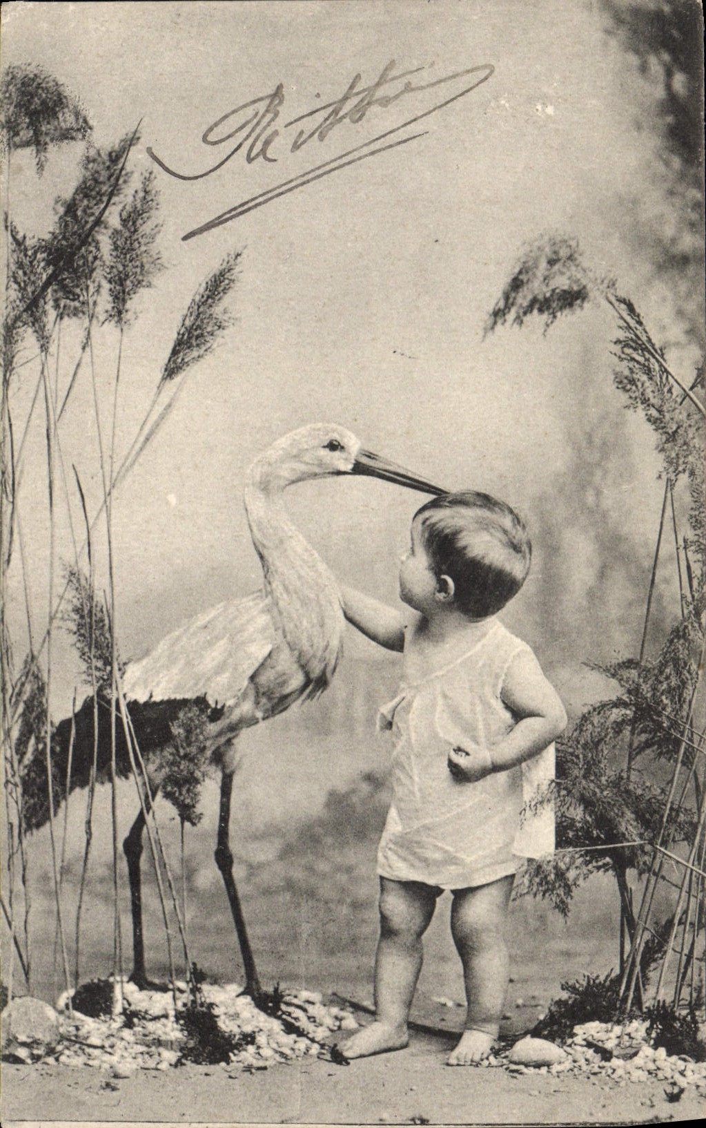 CPA Fantaisie Enfant Cigogne