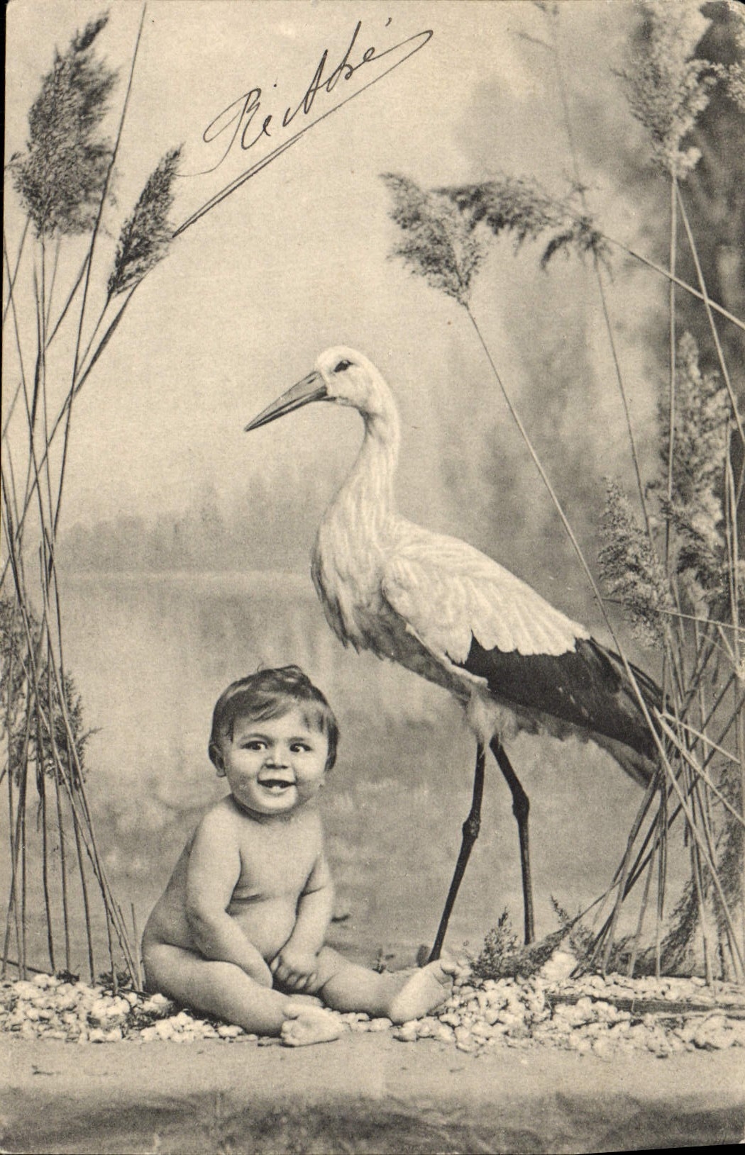 CPA Fantaisie Enfant Cigogne