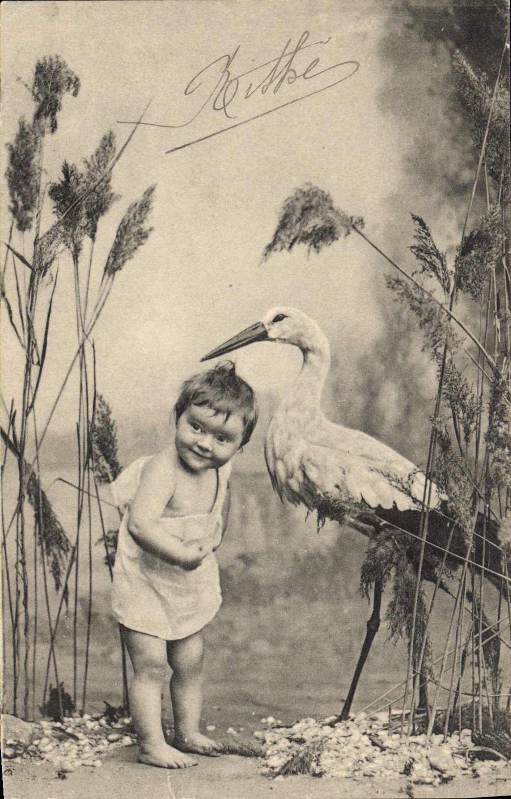 CPA Fantaisie Enfant Cigogne