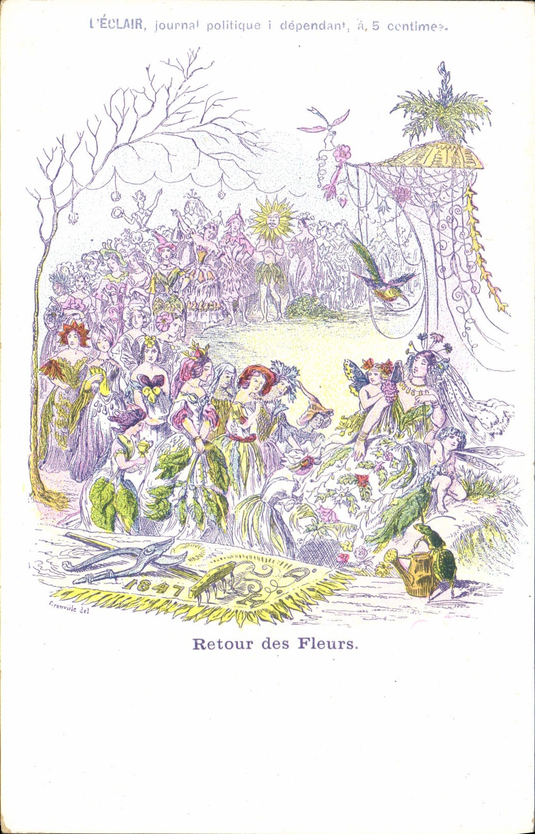 Vuelta de las flores de la fantasía de la POSTAL de la VENDIMIA de las flores