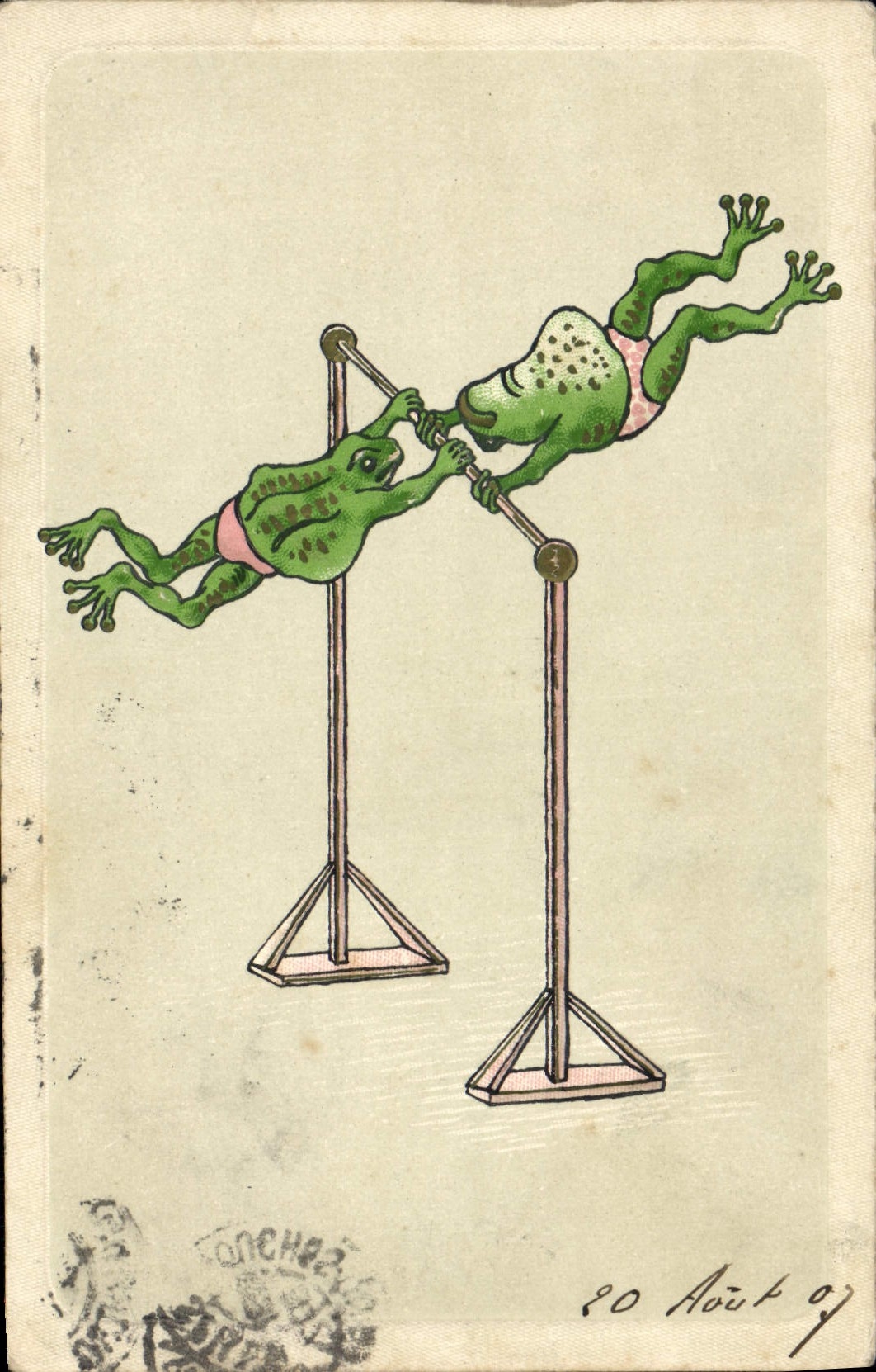 VINTAGE POSTCARD Frog Toad Parallel barses Gymnastic
