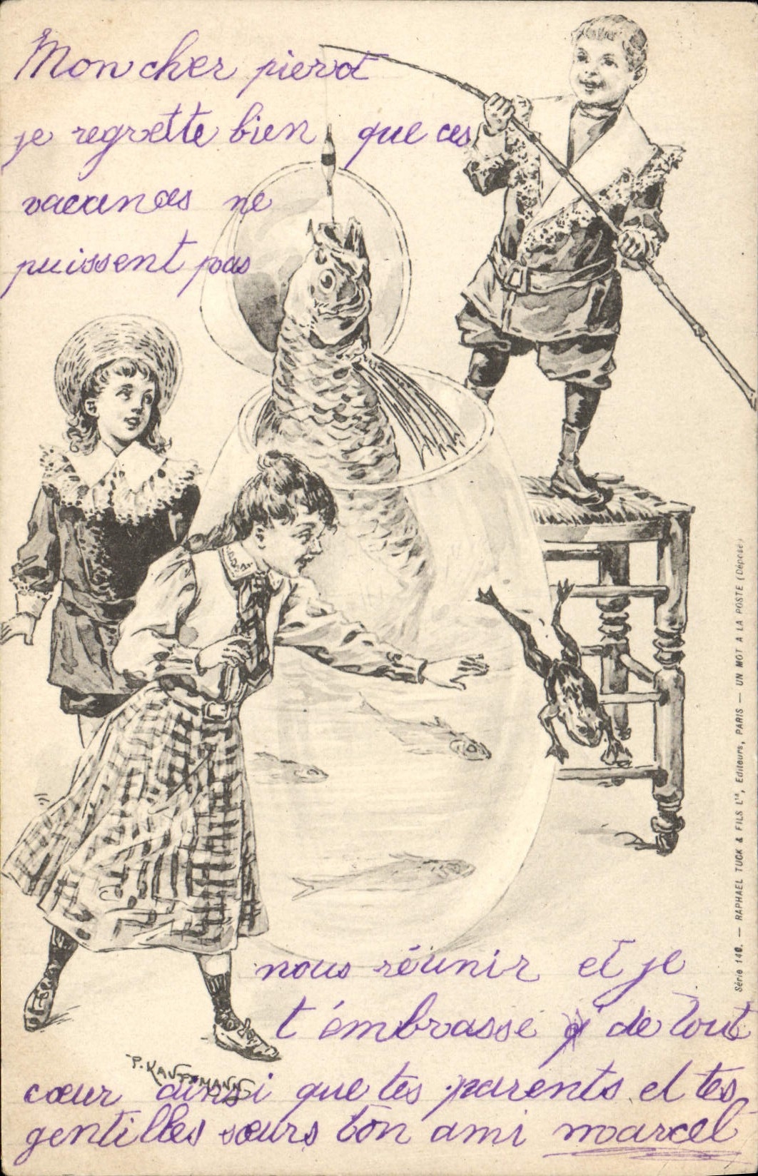 VINTAGE POSTCARD Grenouille Toad Children Fishes