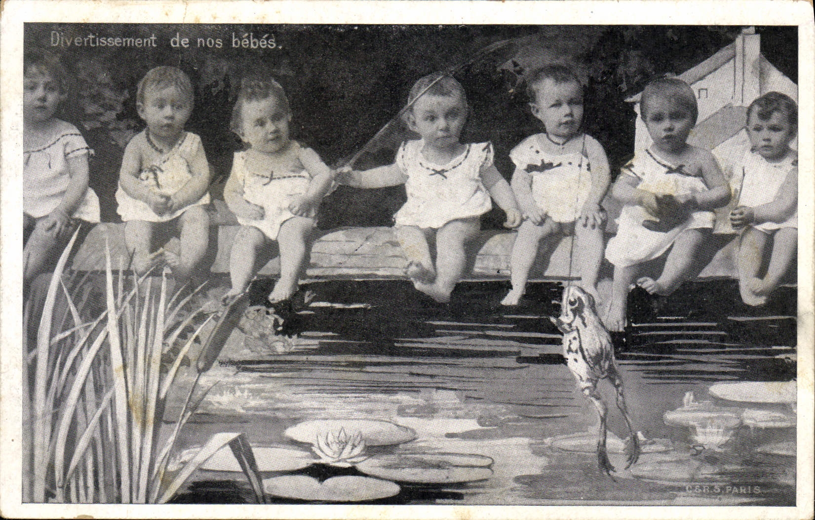 VINTAGE POSTCARD Grenouille Toad Children Baby Fishes