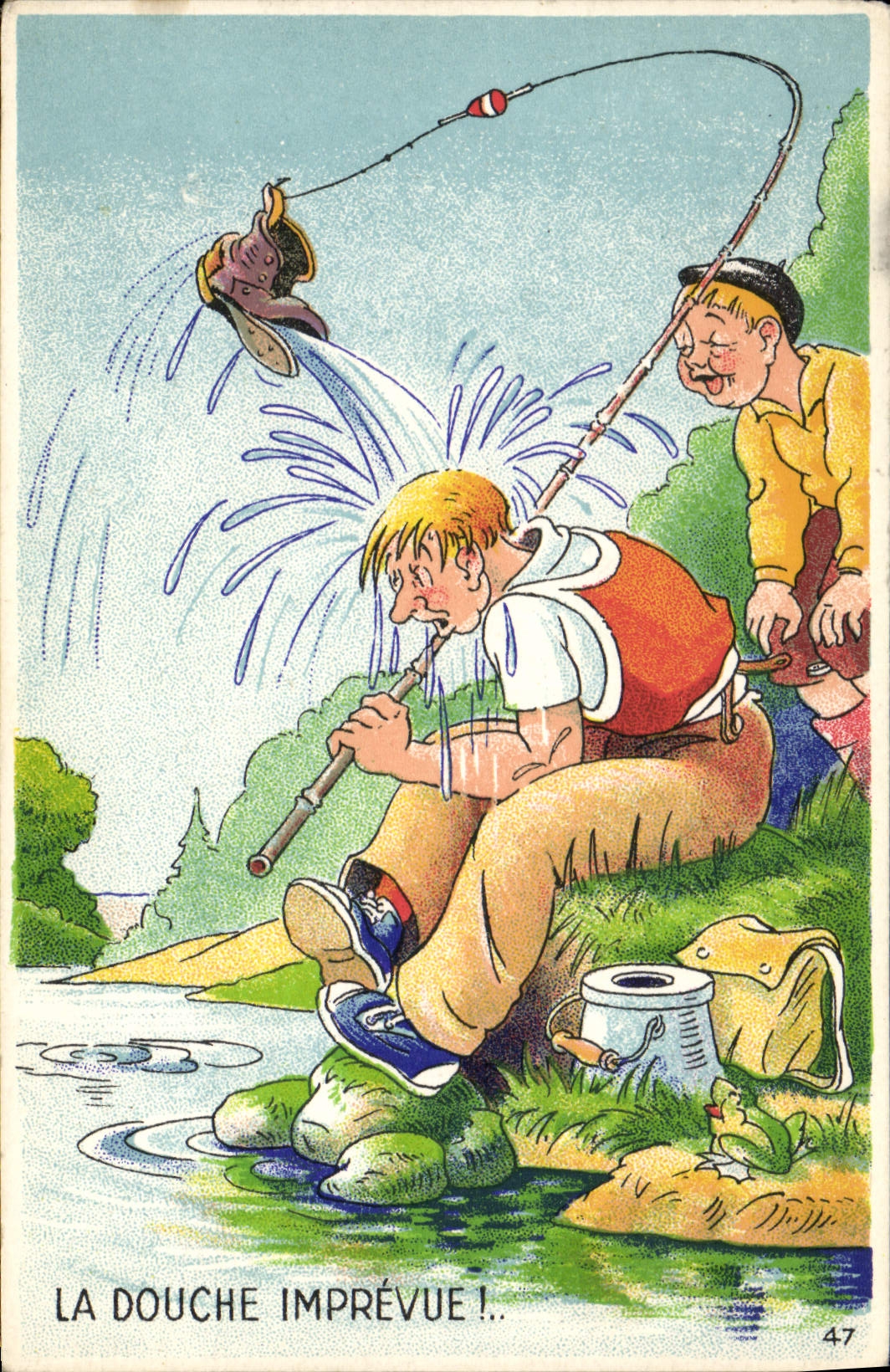 VINTAGE POSTCARD Grenouille Toad the unforeseen shower Fishes Sinning