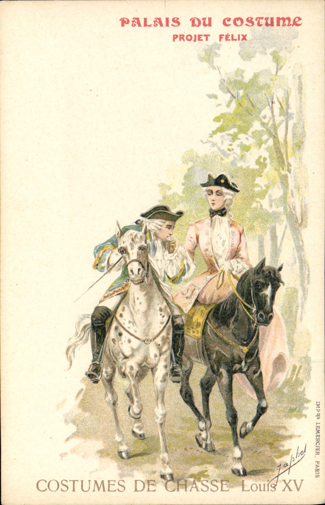 CPA Illustrateur Palais du Costume Projet Felix Costumes de chasse Louis XV Cheval Chevaux