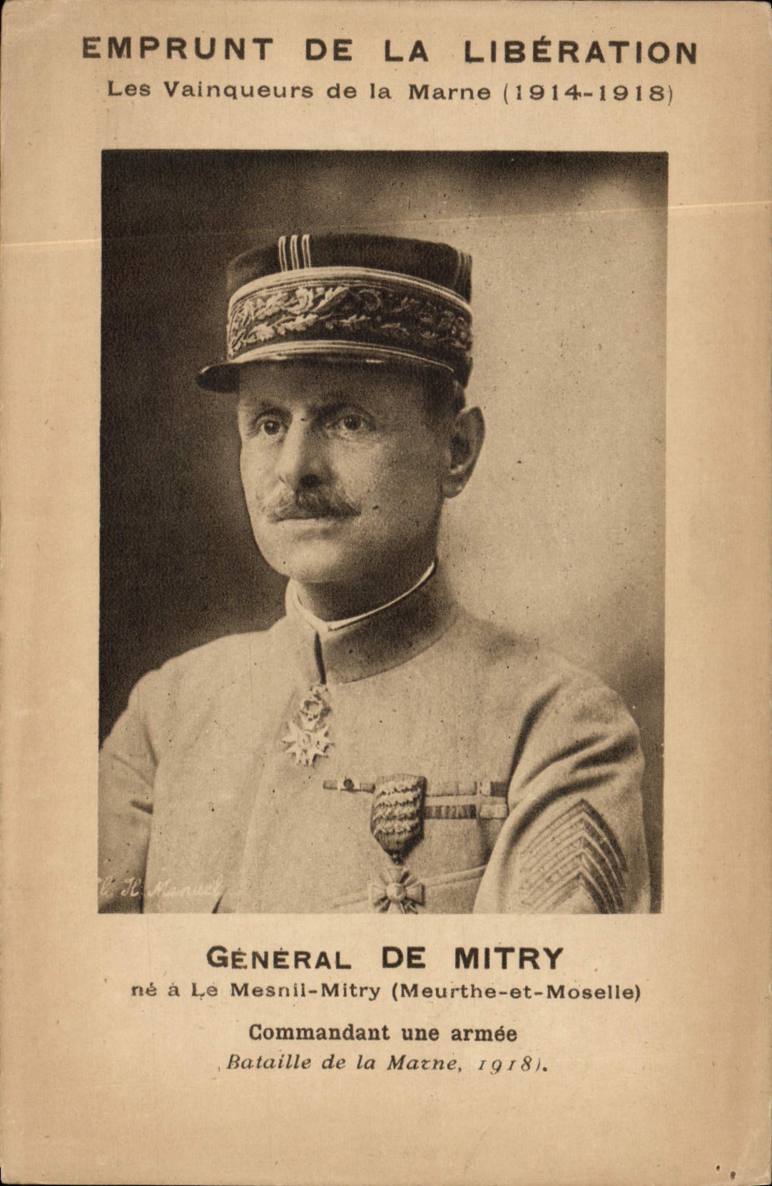 VINTAGE POSTCARD Militaria General Loan of the release Winners of the Marne of Mitry
