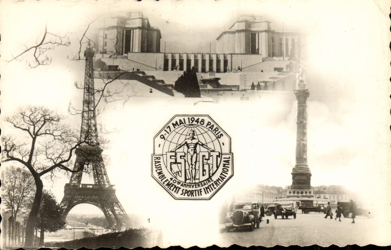 CPM Paris Tour Eiffel Le Trocadero La place de la Bastille Mai 1948 Rassemblement sportif international FSGT