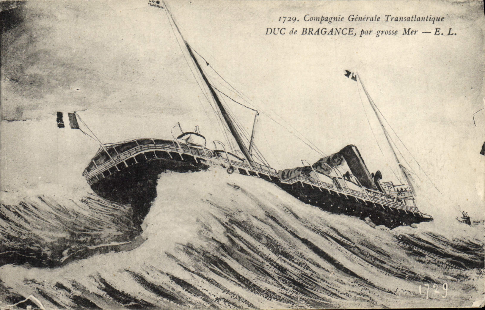 VINTAGE POSTCARD General Company Transatlantic Duke of Bragance by heavy sea