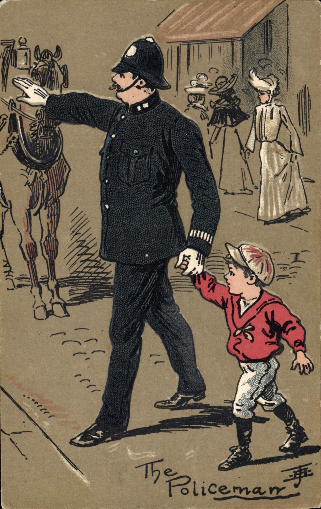 CPA Fantaisie Illustrateur The policeman Enfant Policier Cheval